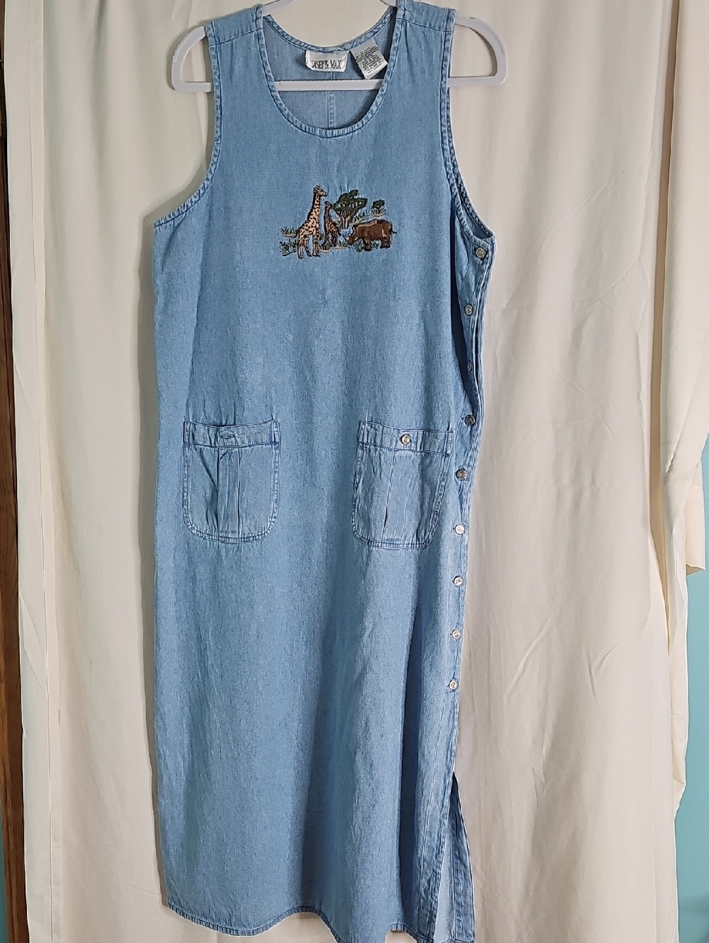 Vintage Casey & Max Light Blue Denim  Jumper Dress with Embroidered Animals
